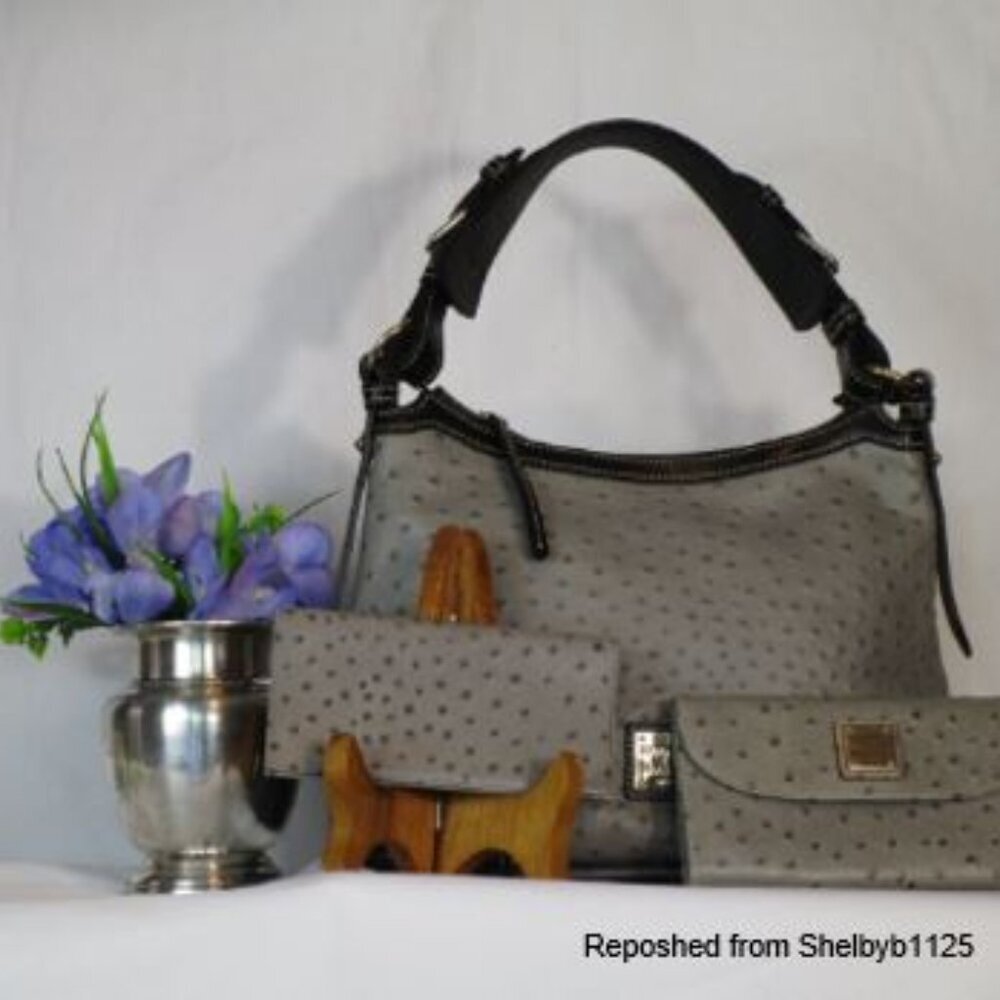 Dooney & Bourke Embossed Ostrich Style Leather Bag, Wallet, Checkbook Cover EUC